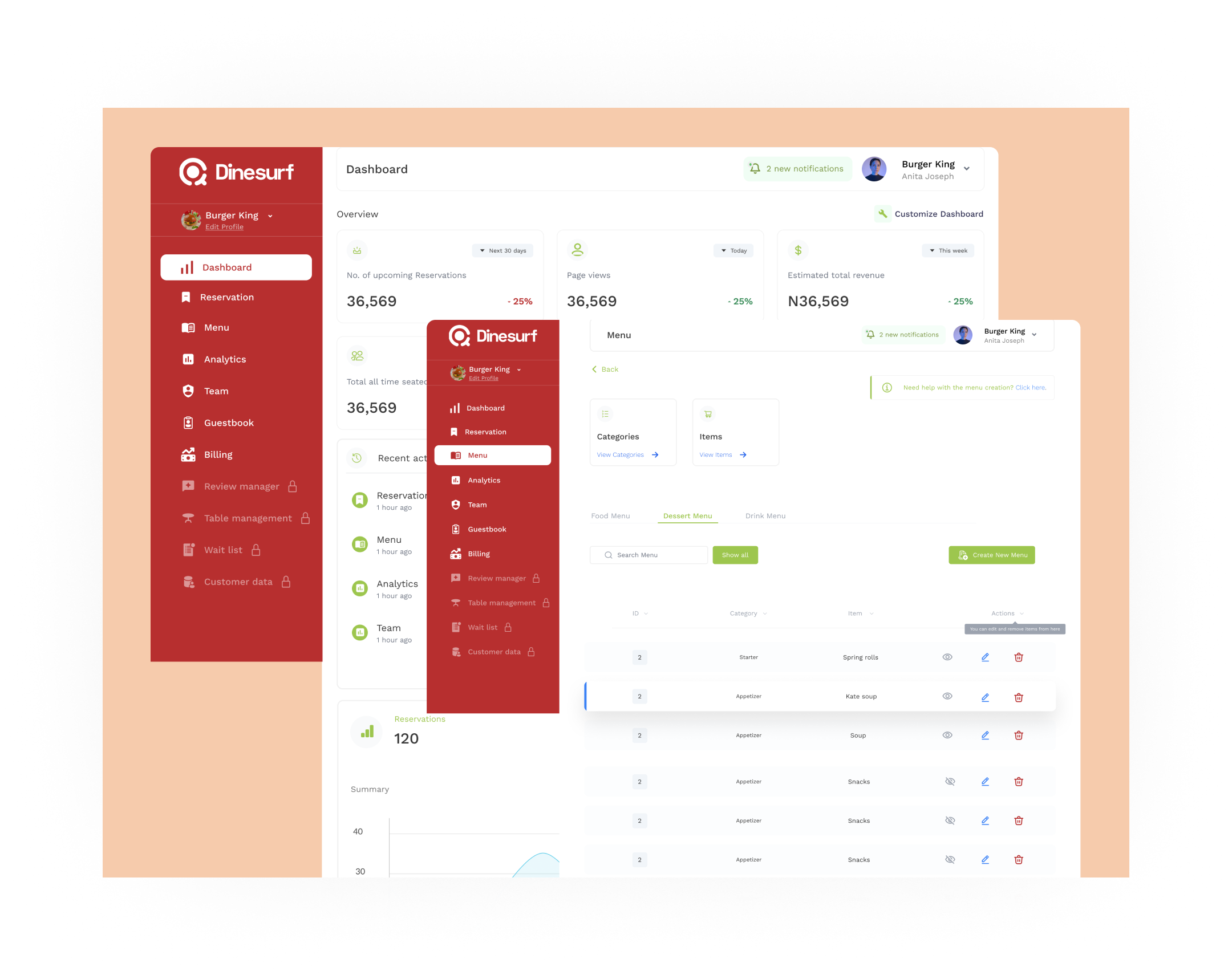 Dinesurf Admin dashboard design preview