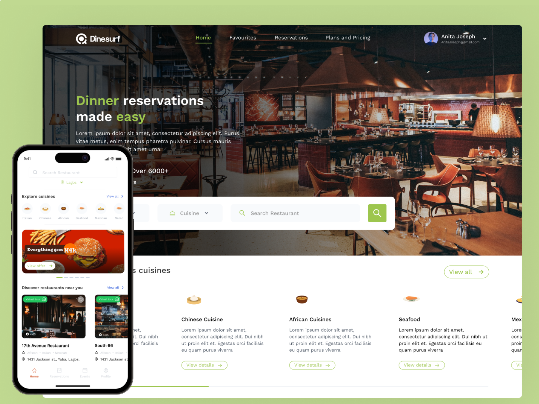 Dinesurf dining-reservation experience on desktop and mobile