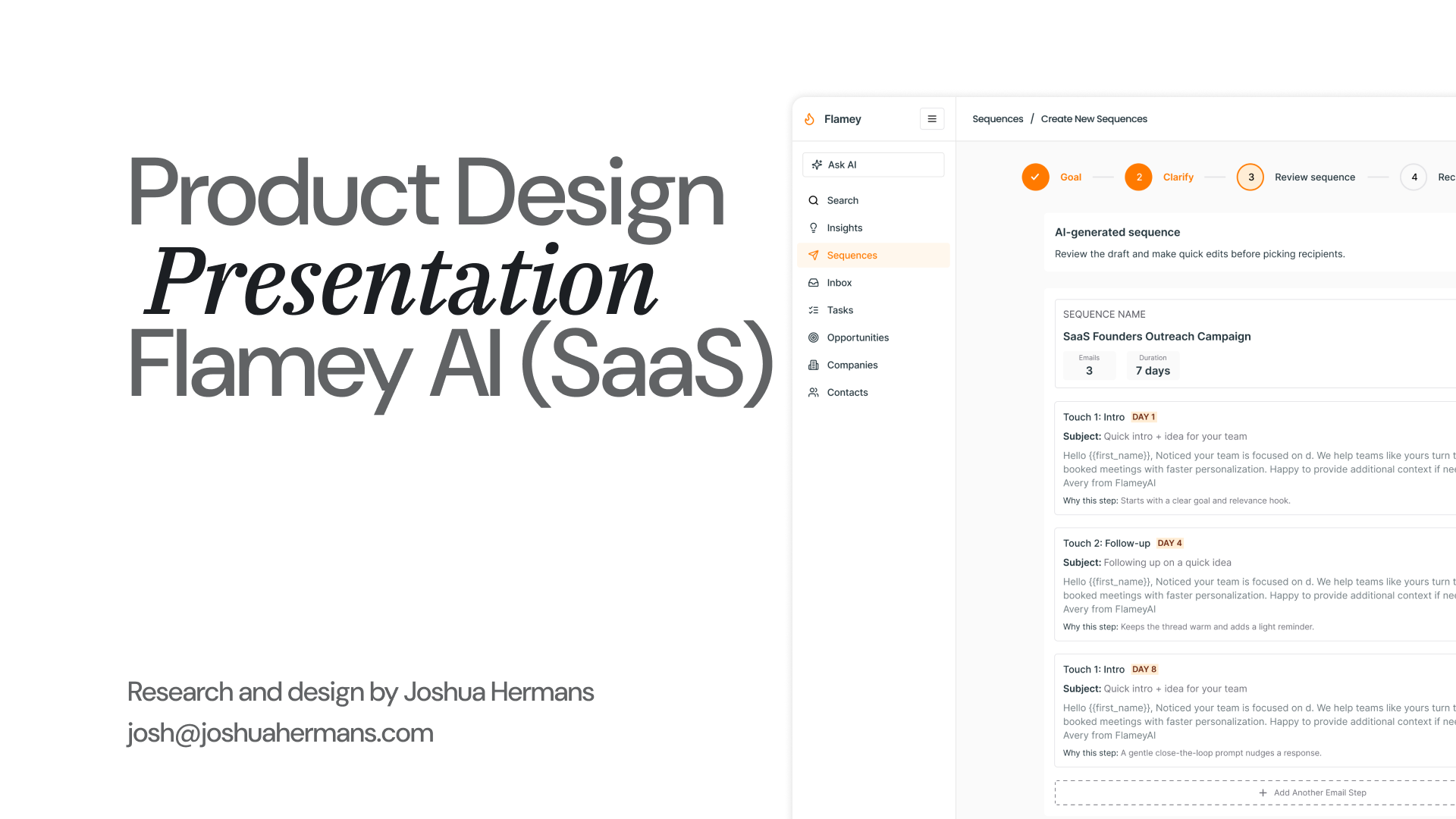 Flamey AI product design presentation and sequence-builder interface