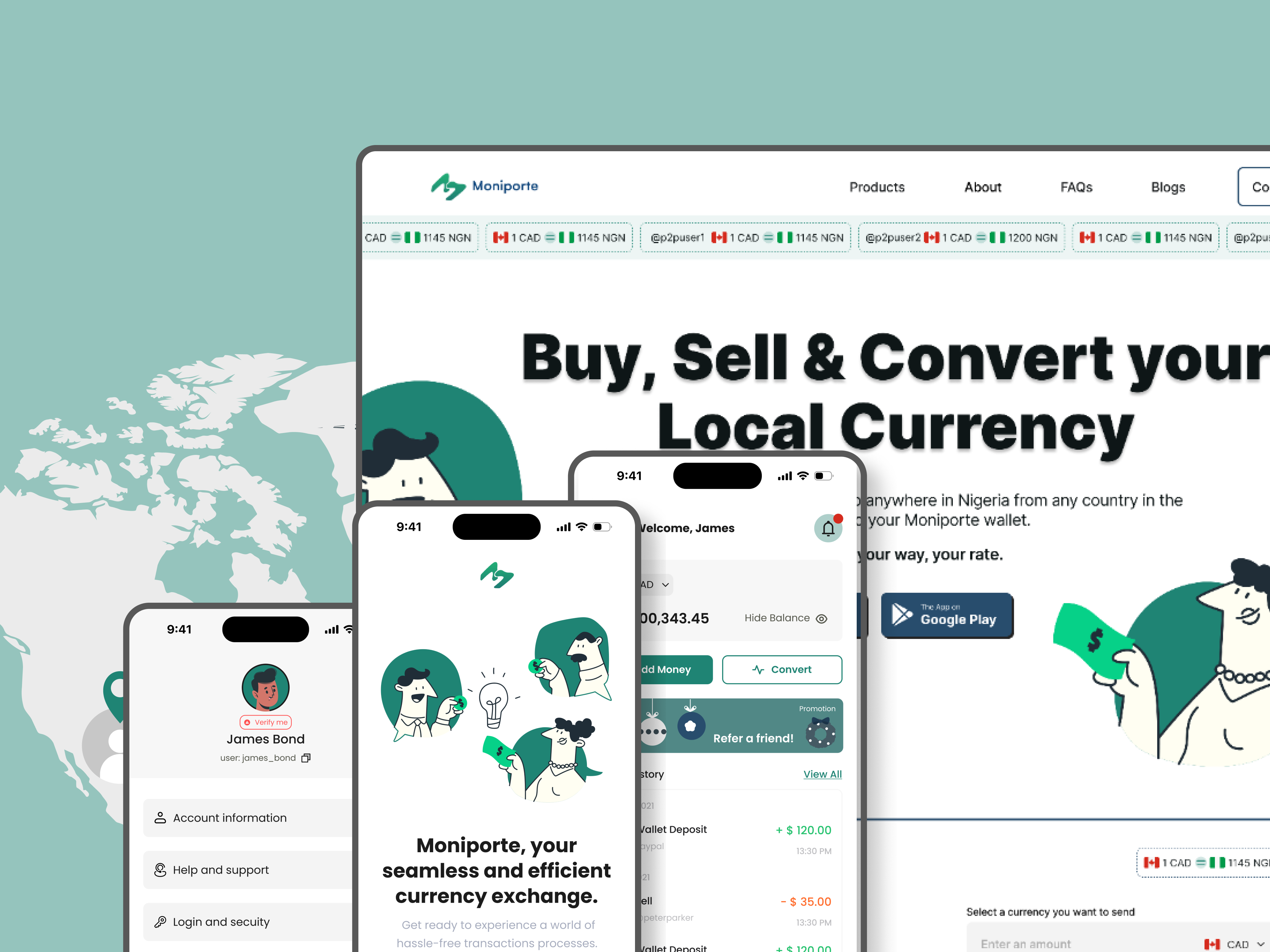 Moniporte currency-exchange website and mobile interface designs
