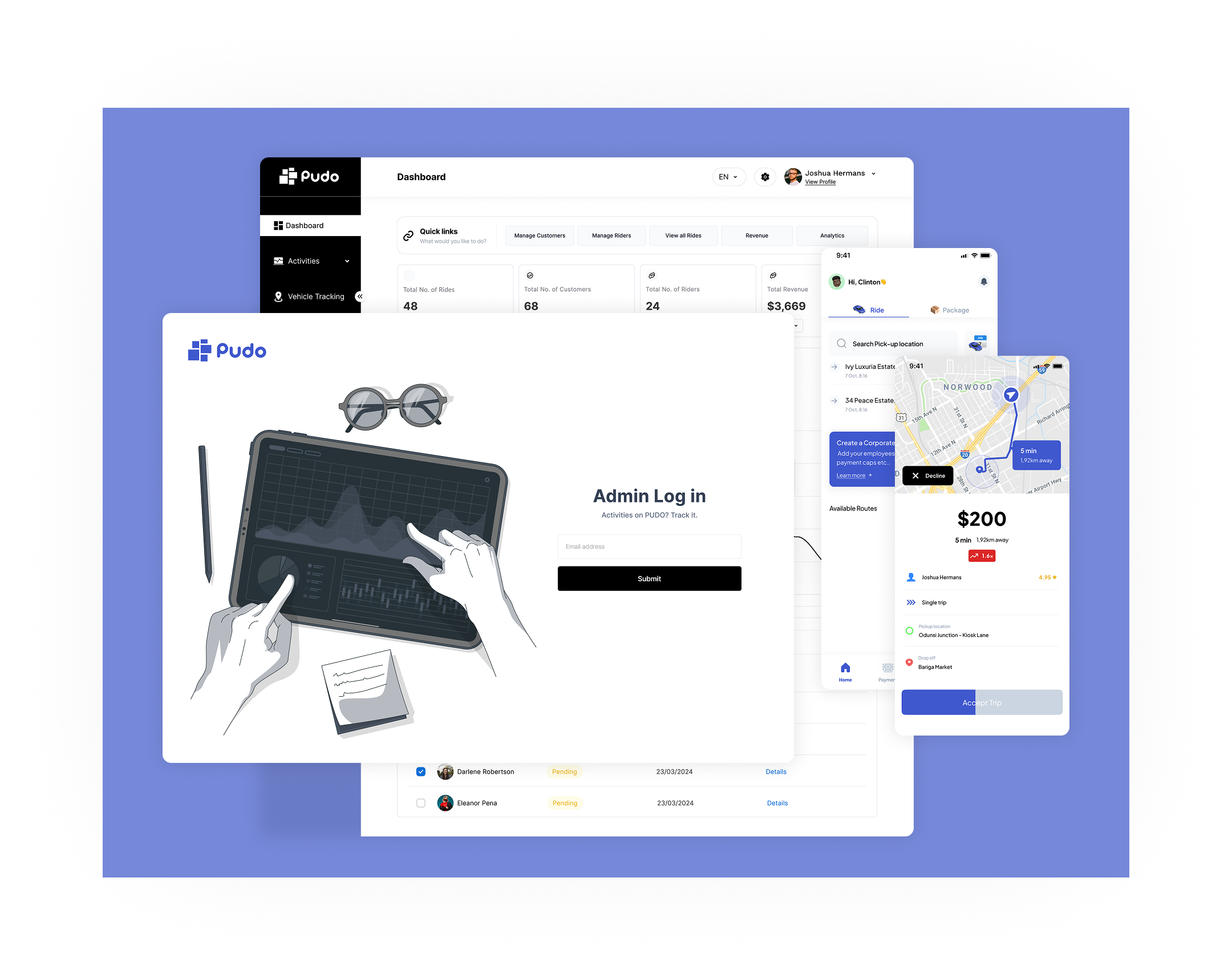 Pudo ride-hailing app interface design preview