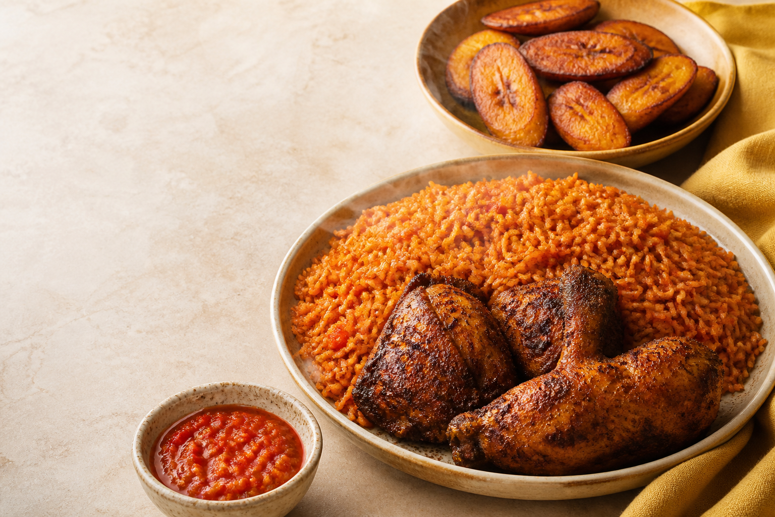 Nigerian jollof rice, grilled chicken and fried plantain from Hello GidiCentral