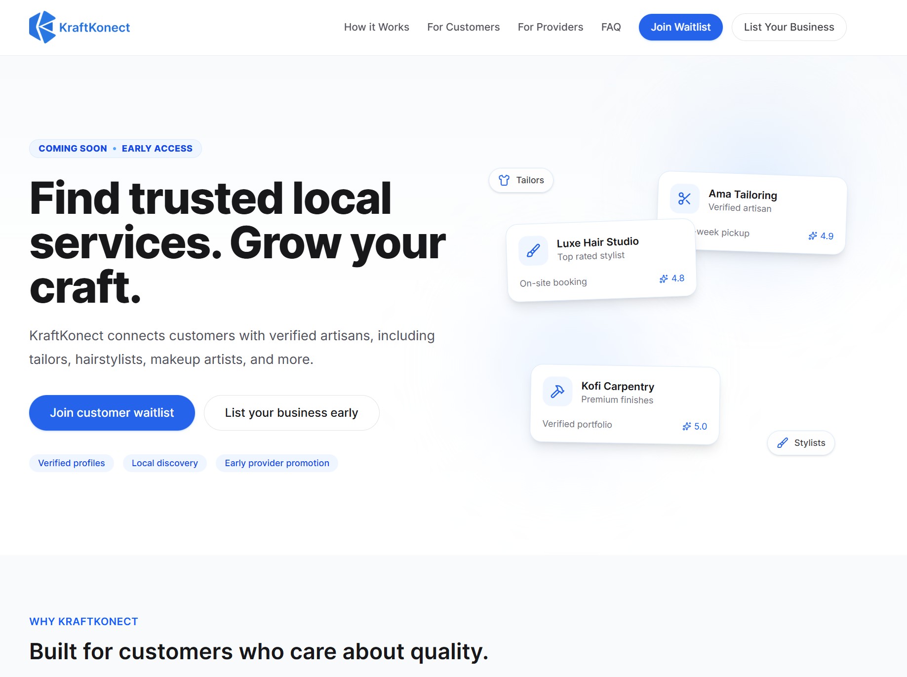 KraftKonect website showing local service providers and service categories